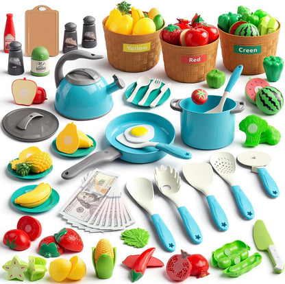 150Pcs Kitchen Playset, Toddlers Pretend Cooking Cookware Accessories, Food, Picnic Blanket, Fruits, Veges, 2Pack Shopping Storage Basket, Dessert and Prop Money, Gift for Kids (Pink)