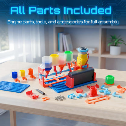 4-Cylinder Working Engine Model DIY Assembly STEM Kit for Kids Ages 8–14, Build with Moving Pistons and Crankshaft, Hands-On Mechanical Engineering Learning Kit
