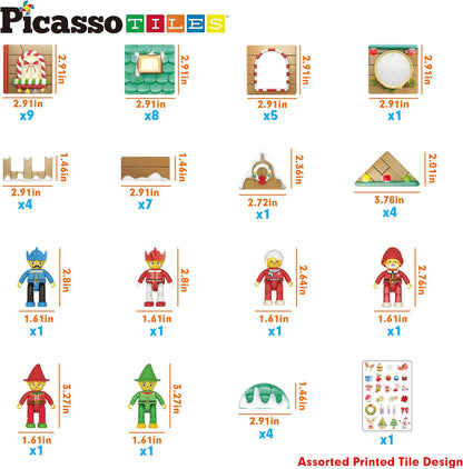 PicassoTiles Magnetic Tile Christmas Holidays Cottage Building Set with Santa Elves Nutcracker 6 Character Figures STEM Educational Construction Toy Winter Magnet Block Gift for Kids Age 3 Plus PTQ08