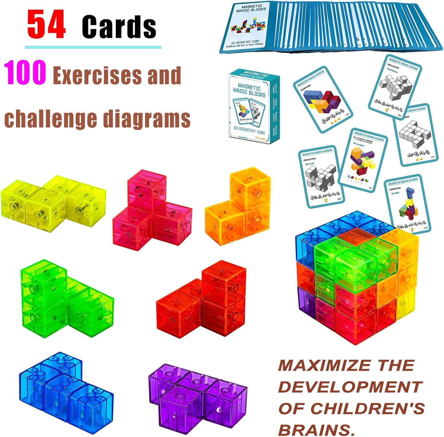 Magnetic Building Blocks Magic Magnetic 3D Puzzle Cubes, Set of 7 Multi Shapes Magnetics Blocks with 54 Guide Cards, Children's Educational Toys and Stress Relief Fidget Toys for Kids Adults
