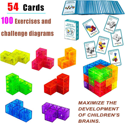 Magnetic Building Blocks Magic Magnetic 3D Puzzle Cubes, Set of 7 Multi Shapes Magnetics Blocks with 54 Guide Cards, Children's Educational Toys and Stress Relief Fidget Toys for Kids Adults