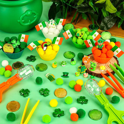 307 Pcs St. Patrick's Day Sensory Bin Filler Shamrock Fine Motor Sensory Bin Items Includes Pom Poms Irish Shamrock St. Patrick's Hat Resin Animals for Counting Sorting Training