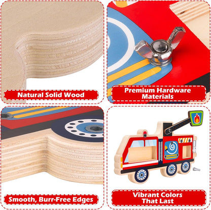 Montessori Screwdriver Busy Board Fire Truck – Wooden STEM Fine Motor Skills Sensory Learning Toy for Kids Ages 2–6, Great Gift for Boys and Girls,with Storage Bag