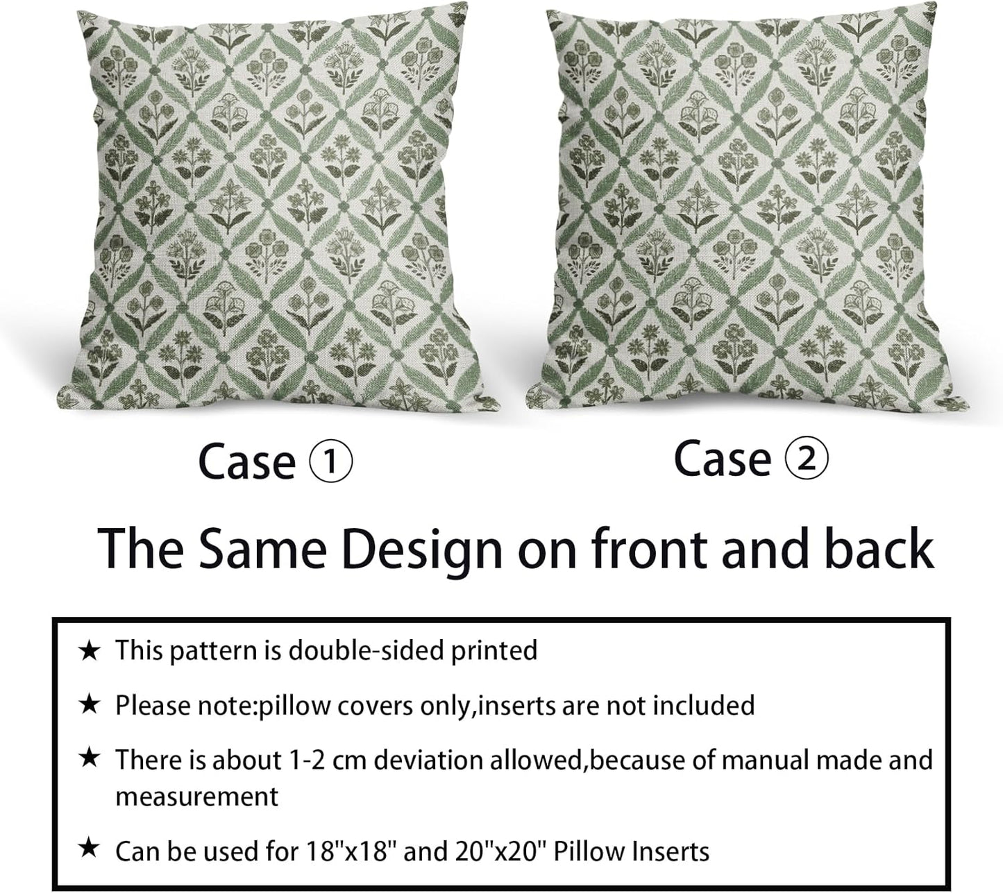 Blue Green Floral Block Print Pillow Covers 12X20 Set of 2, Flower Pattern Spring Summer Print Decorative Throw Pillow Covers Outdoor Farmhouse Seasonal Cushion Case Couch Sofa Bed Decor