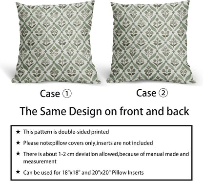 Blue Green Floral Block Print Pillow Covers 12X20 Set of 2, Flower Pattern Spring Summer Print Decorative Throw Pillow Covers Outdoor Farmhouse Seasonal Cushion Case Couch Sofa Bed Decor