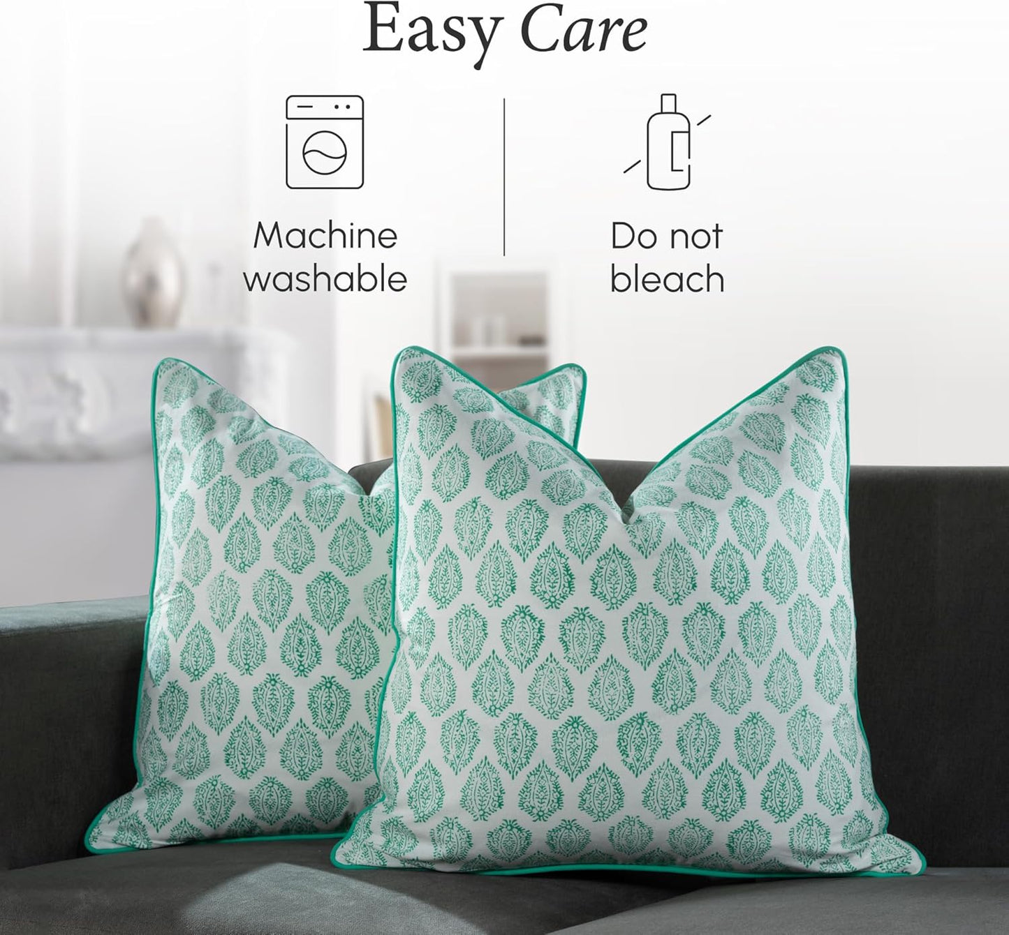 CPC 100% Cotton Throw Pillow Covers 18x18 Inch, Set of 2 Green Block Print Pattern Couch Pillow, Cute Boho Decorative Pillows for Living Room, Bedroom with Hidden Zipper- Agate Green