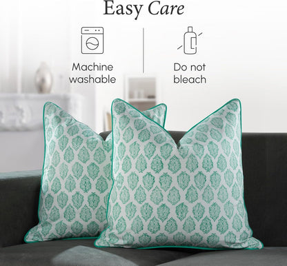CPC 100% Cotton Throw Pillow Covers 18x18 Inch, Set of 2 Green Block Print Pattern Couch Pillow, Cute Boho Decorative Pillows for Living Room, Bedroom with Hidden Zipper- Agate Green