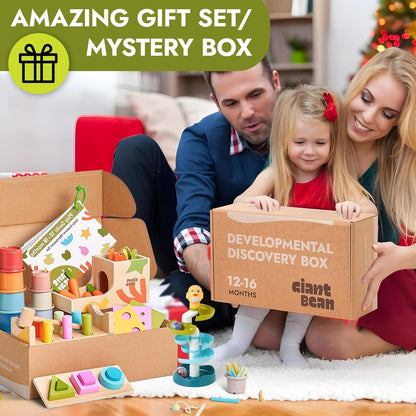 Giant bean Montessori Toys for Baby, 6-in-1 Wooden Early Education Learning Toys with Sensory Teething,Object Permanence Box,Shape Sorting Stacking Ring,Mirror Puzzle,Christmas Toy for Kid 1 2 3