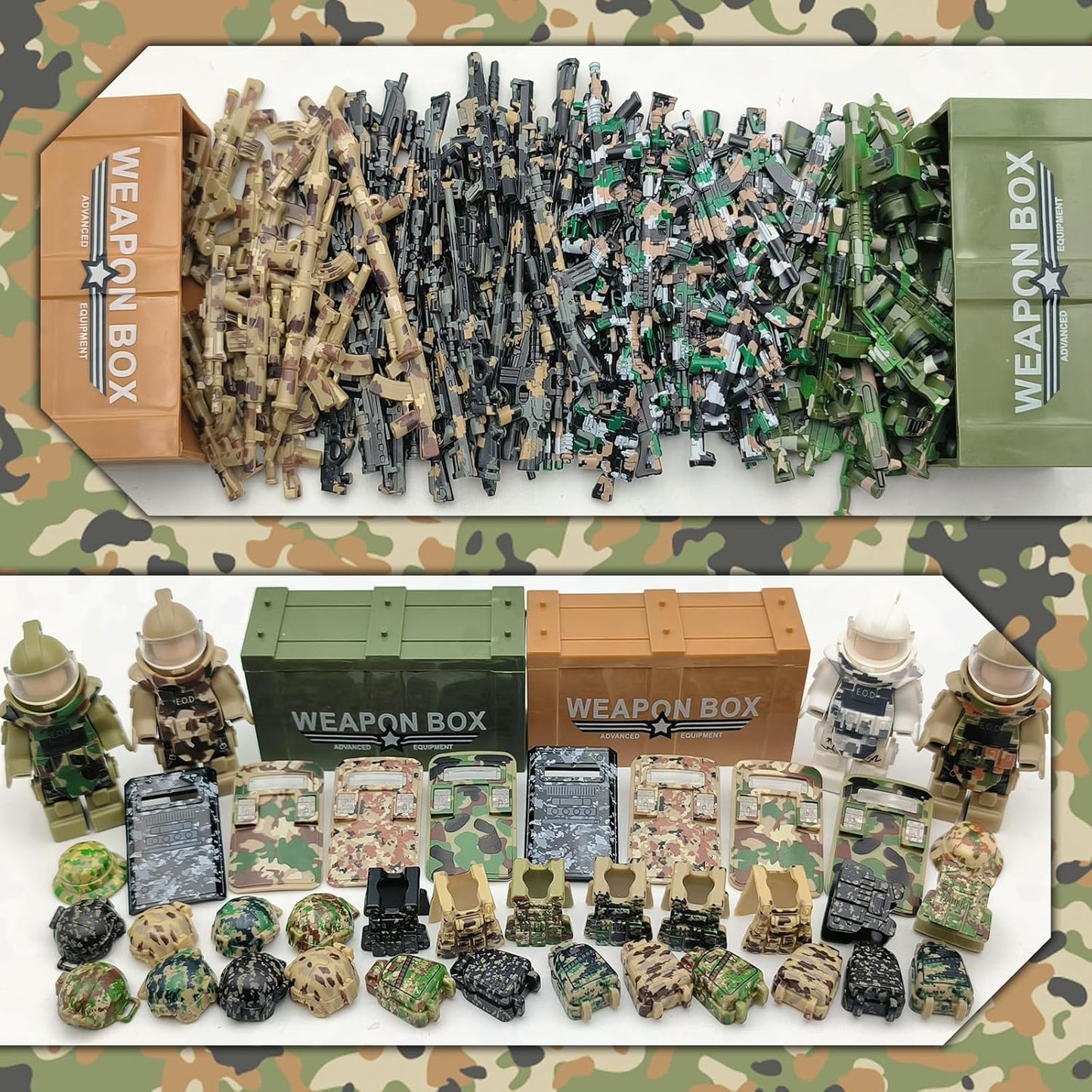 Military Minifigure Camouflage Accessories Set with Weapon Boxes, Army Weapons Guns Helmets E.O.D Suits Shields Tactical Gear Building Blocks Soldiers Kit for Kids Compatible with Major Brands