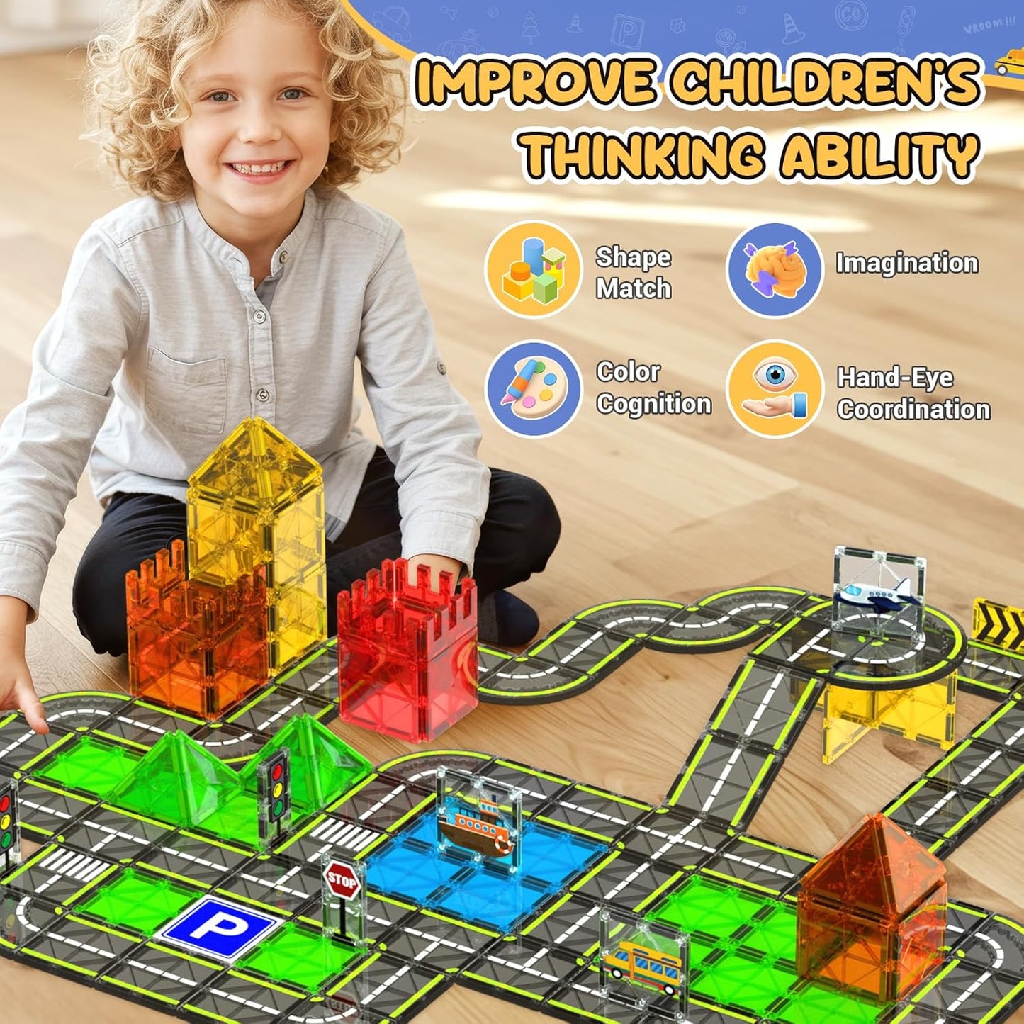HarworLife Magnetic Tiles Road Set, Magnetic Building Blocks for Toddler Kids, Montessori Educational Magnet Toys for Kids Ages 3+Year Old, STEM Creative Toy for Christmas Birthday Gifts