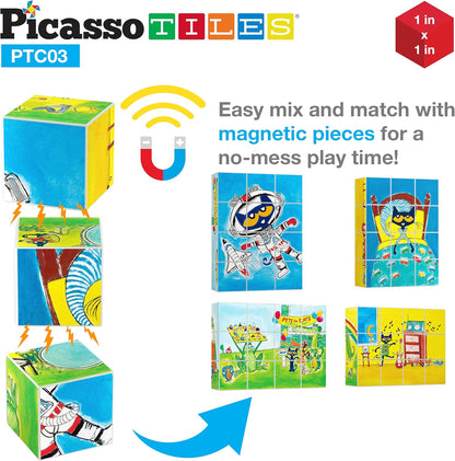 PicassoTiles Magnetic Tiles Pete the Cat Home Theme Building Blocks Double Sided Printing Toddler Magnet Toys Education STEM Learning Kit Construction Brain Development Preschool Kid Game Boy Girl 3+