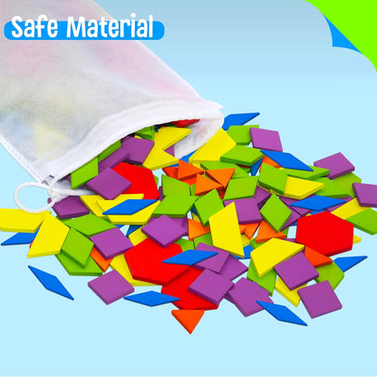 215 PCS Wooden Pattern Blocks Set, 24 Double-Sided Design Cards Pattern Building Shapes Educational Geometric Shape Puzzle Fun Tangram Montessori Learning Toys for Kids Ages 4-8 (A Storage Bag)