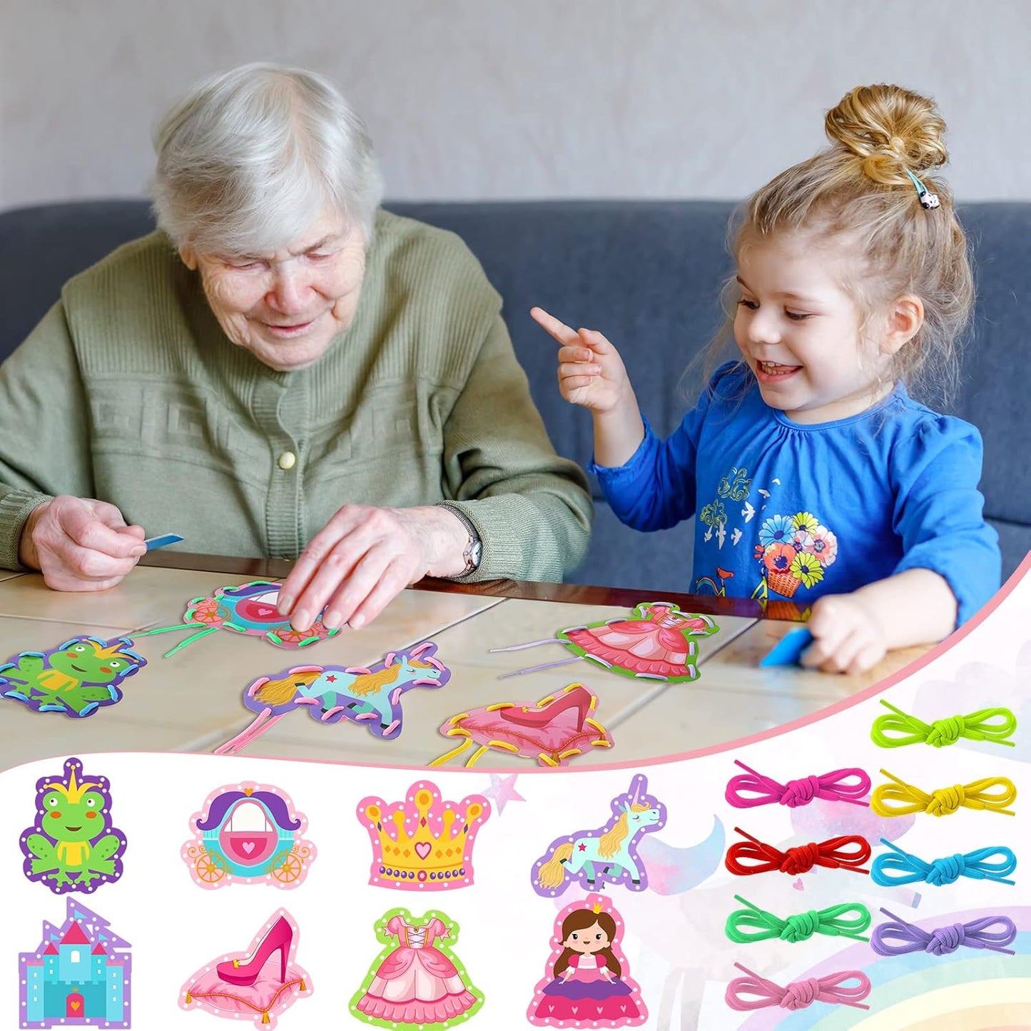 Zonon 8 Pieces Kids Lacing Cards Sewing Cards in 8 Patterns Lacing Games for Developing Imagination Education Supplies Children Sewing Game Favors (Princess, Castle Style)
