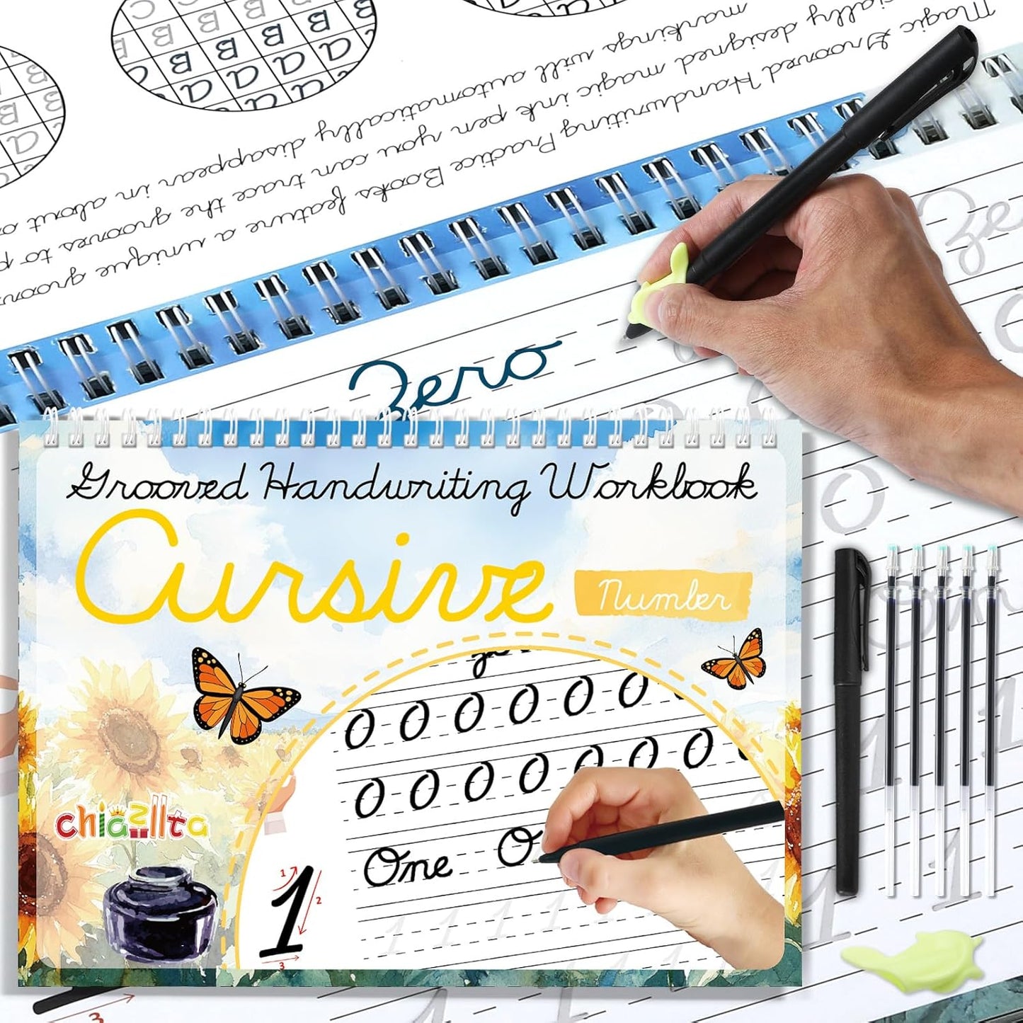 chiazllta Grooved Cursive Handwriting Workbook with Disappearing Ink Pens Magic Reusable Grooved Cursive Writing Practice for Beginners Kids Kickoff Student Workbook Homeschooling Supplies (Letters)