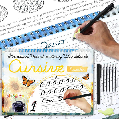 chiazllta Grooved Cursive Handwriting Workbook with Disappearing Ink Pens Magic Reusable Grooved Cursive Writing Practice for Beginners Kids Kickoff Student Workbook Homeschooling Supplies (Letters)