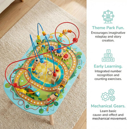 Hape Twisting Railway Maze Table - Wooden Bead Maze & Train Set for Toddlers - Amusement Park Theme with Rollercoaster, UFO & Numbered Stops - Fine Motor Skills Toy for Ages 18M+