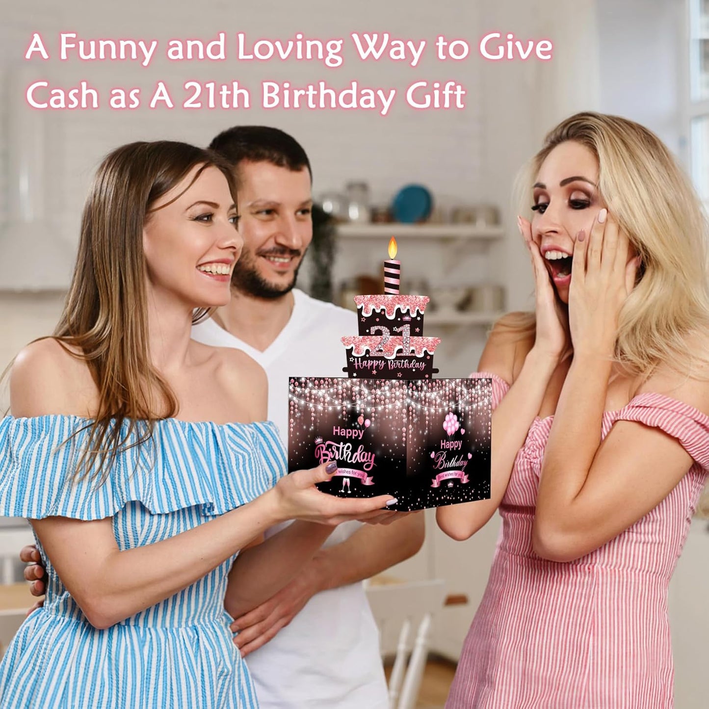 Birthday Money Box for Cash Gift Pull, Surprise Gift Boxes for Money, Money Holder Box with Pull Out Happy Birthday Card and 50Pcs Transparent Bags, Money Gift Ideas for Kids and Adults