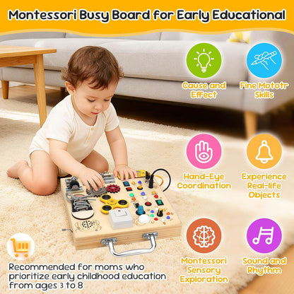 Wooden Busy Board with LED Light，Montessori Baby Learning Toys for Toddlers , Sensory Activity Board , Travel Educational Toy Boy & Girl Birthday Gift (Black Handle)