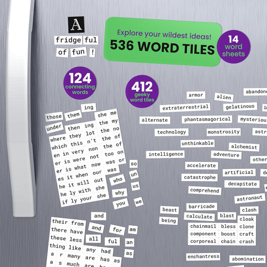 Poetry Tiles – Horror, Fantasy, SciFi Themed Word Magnets for Fridge – 536 Magnetic Words for Refrigerator Poems and Stories – Geek Gift Kit – Spooky Gifts for Kids and Adults