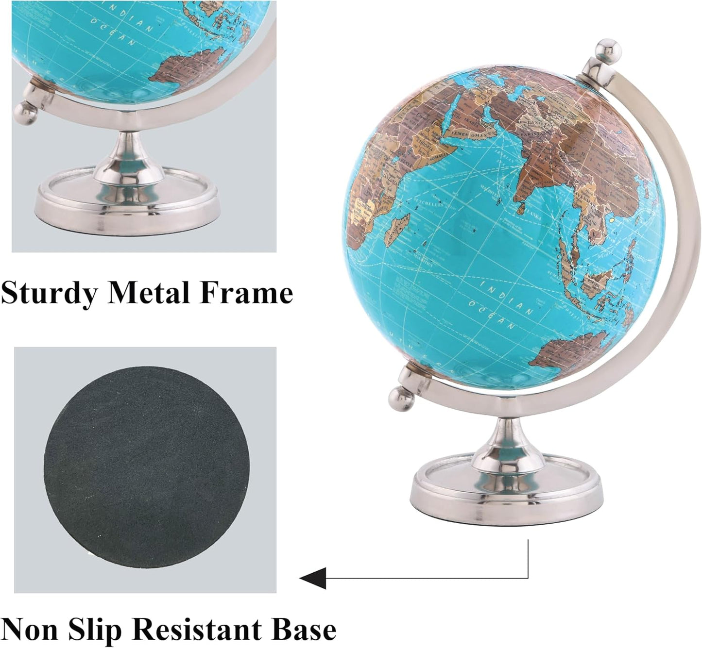 Rely+ Earth Light Blue Rotating Globe of The World with Silver Stand (NOT PLASTIC!) for Bookcase Shelf Decorative Home Desk sturdy Office Decor 6-inch