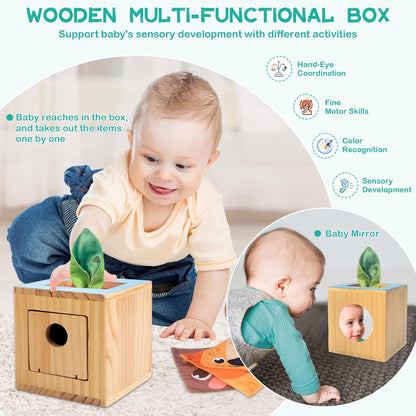 WOODMAM Montessori Toys for Babies 7-12 Months, 9 in 1 Educational Wooden Toys Set, Includes Object Permanent Box, Stacking Cups, Mirror Puzzle, Ring Stacker and More