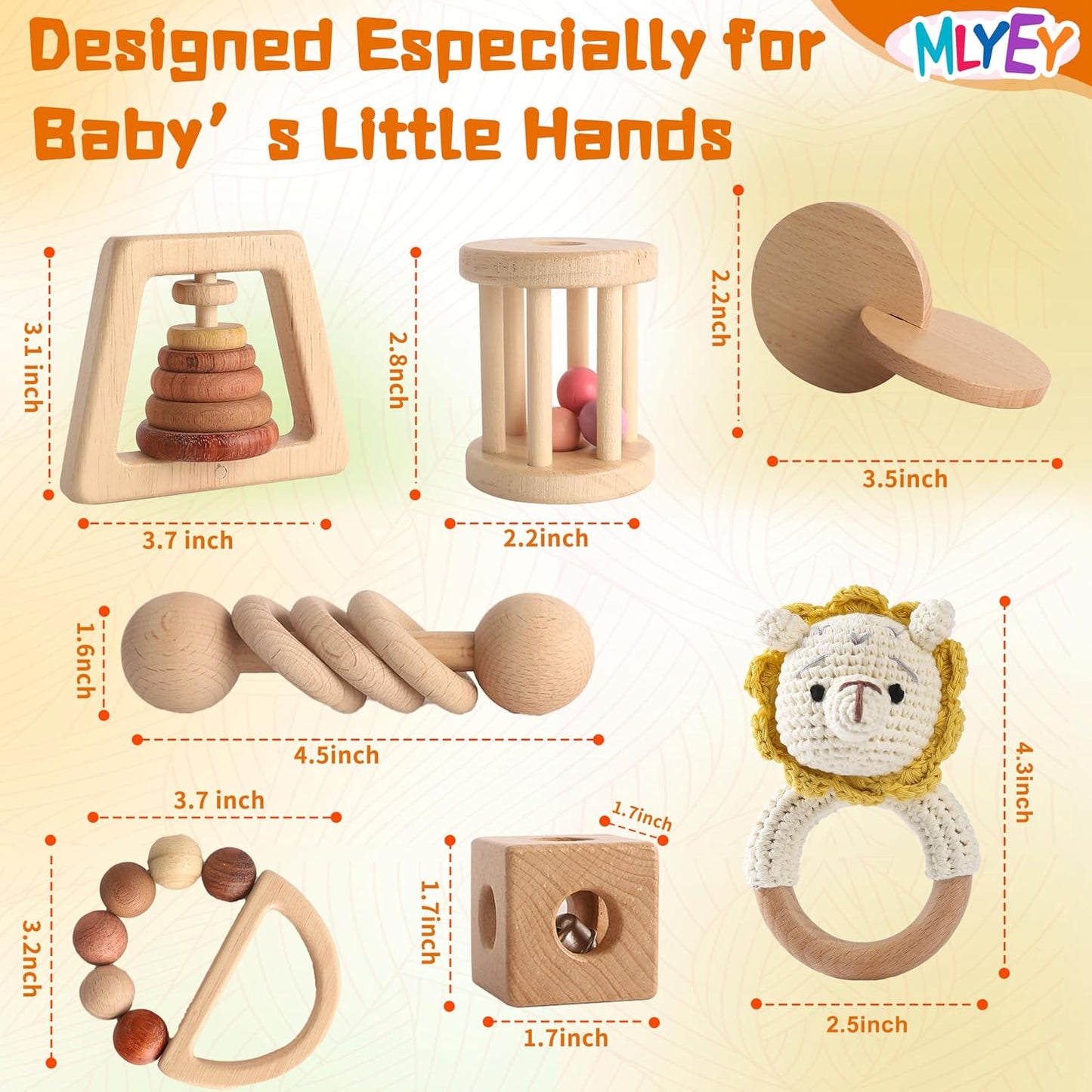 Wooden Rattles for Baby, 7PCS Wooden Montessori Toys for 7-24 Months Baby Boy Girl, Natural Beech Wood Grasping Toy, Gift for Babies
