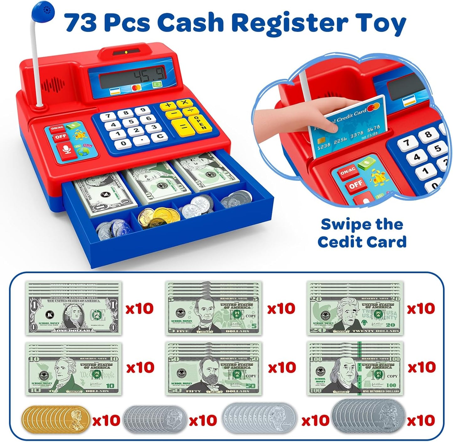 Calculator Cash Register Toy Gift for Kids Age 3, 4, 5, 6, 7, 8+ Year Old, 103 Pcs Pretend Grocery Store Playset with Toy Cash, Microphone, Credit Card, Play Cash Register for Toddlers 4-8, Silvery