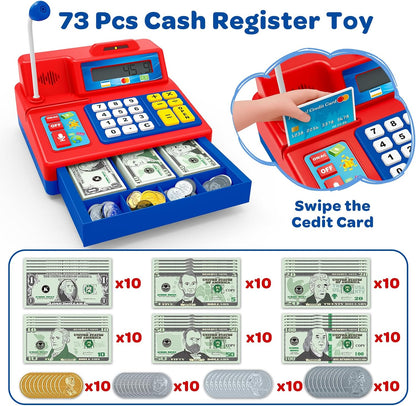 Calculator Cash Register Toy Gift for Kids Age 3, 4, 5, 6, 7, 8+ Year Old, 103 Pcs Pretend Grocery Store Playset with Toy Cash, Microphone, Credit Card, Play Cash Register for Toddlers 4-8, Silvery