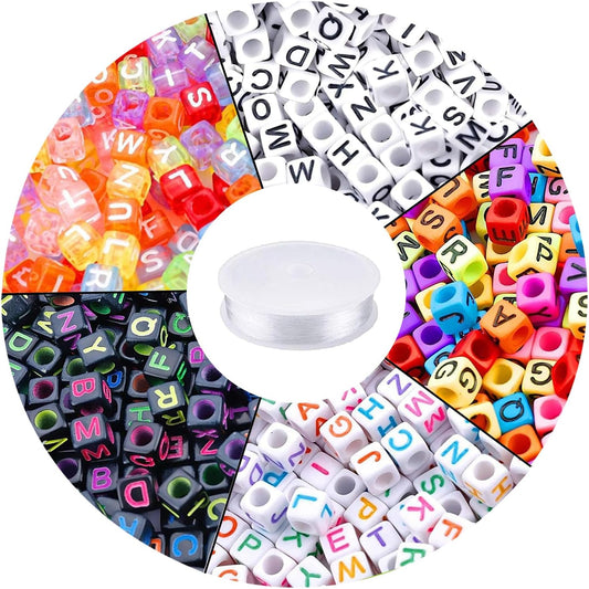 Letter Beads, Augshy 1400 Pcs Morandi Cube Alphabet Bead,Square Letter Beads with 1 Roll 10M Crystal String Cord (6mm)