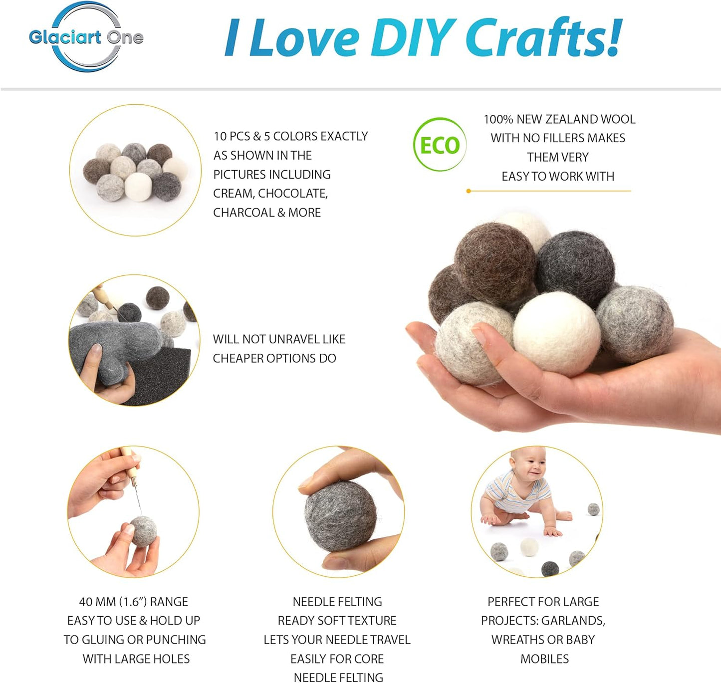 Glaciart One Felt Balls, Felt Pom Poms (5 Pieces) 4 Centimeters - 1.6 Inch, Handmade Felted 5 Vibrant Colors Wool Balls for Cats, Felting and Garland