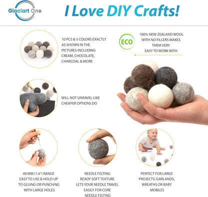 Glaciart One Felt Balls, Felt Pom Poms (5 Pieces) 4 Centimeters - 1.6 Inch, Handmade Felted 5 Vibrant Colors Wool Balls for Cats, Felting and Garland