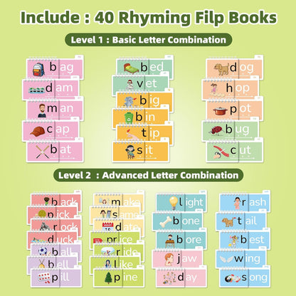 Word Family Build Book, 40 Read and Rhyme Flip Activity Book, Learn to Read Phonics Flash Cards, Sight Words Reading Games for Kids Ages 4-8 Kindergarten 1st 2nd 3rd Homeschool Educational