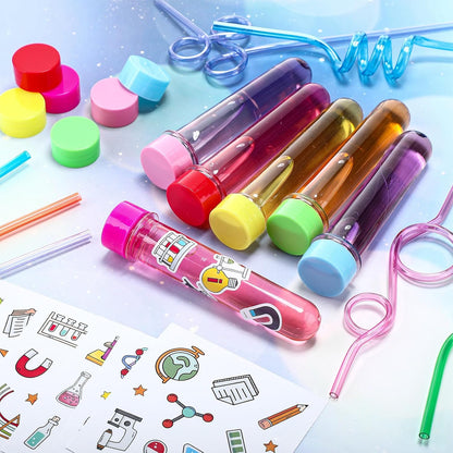 Jingmore 36 Pcs Science Party Theme Cups Set with Silly Loop Straws Science Stickers Plastic Reusable Small Conical Flask Bottles Test Tubes for Birthday Party Decorations(Spherical Bottles)