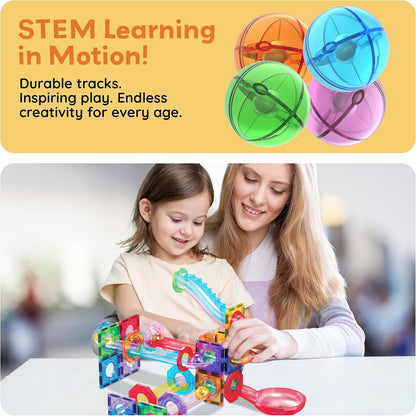 PicassoTiles 50pcs Magnetic Tiles Marble Run for Kids Race Track Toy Marble Maze Sensory Toys for Toddlers STEM Educational Set Magnet Building Blocks Construction Building Tiles Boys Girls 3+ PTG50