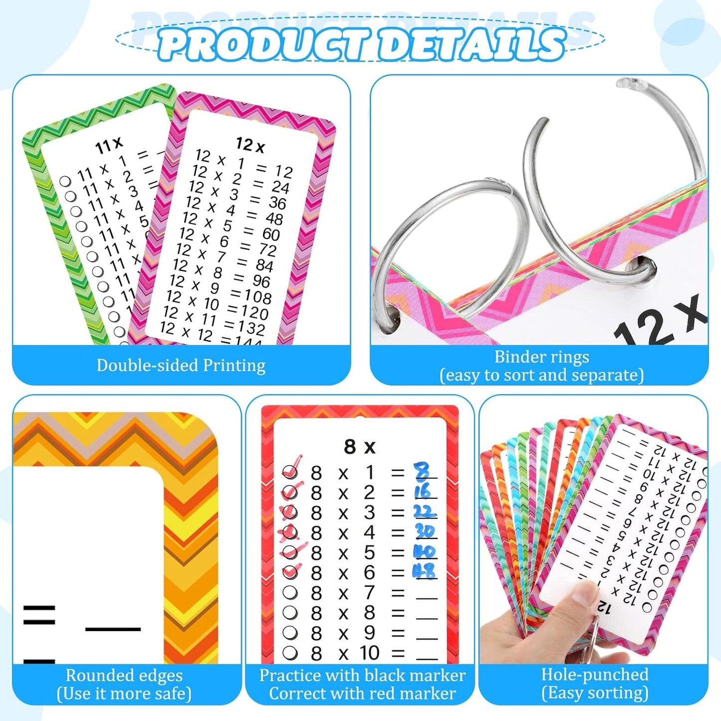 Geyee Multiplication Flashcards 0-12 with Dry Erase Markers and Rings Math Educational Multiplication Flashcards Timetable Charts for 1st to 3rd Grades Fun Learning with Math Game(17 Pcs)
