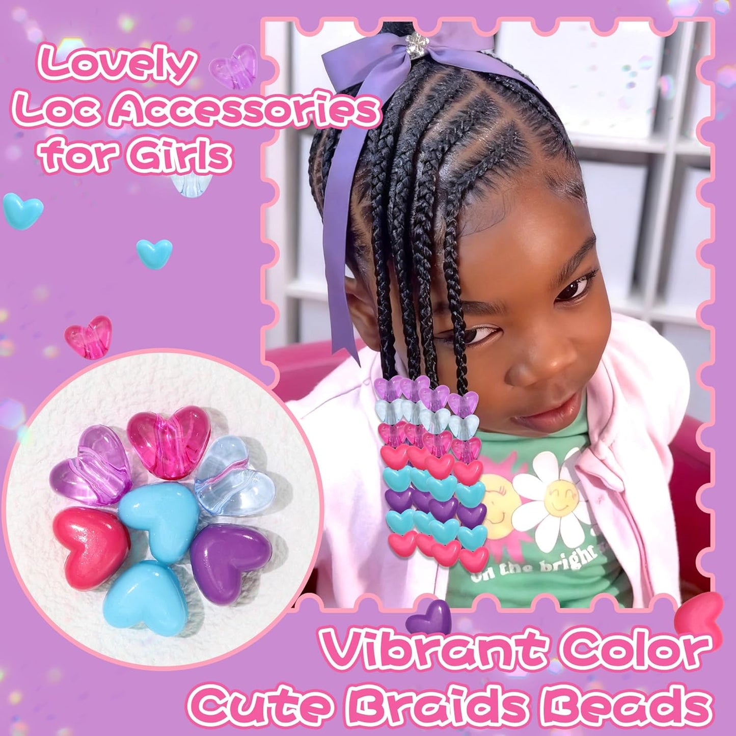 90PCS Heart Hair Beads for Braids Blue Pink Loc Dreadlock Valentine's Day Bead Accessories Purple Cute Acrylic Heart Shape Beads for Kids Girls