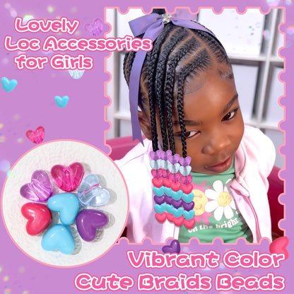 90PCS Heart Hair Beads for Braids Blue Pink Loc Dreadlock Valentine's Day Bead Accessories Purple Cute Acrylic Heart Shape Beads for Kids Girls