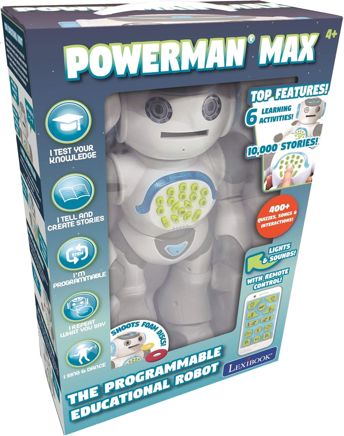 LEXiBOOK, Powerman Neo, My Robot Full of Technology, Remote Control and Gesture Control, Educational Activities in English, Programmable, Music and Dance, Sound and Light Effects, Blue/White, ROB18EN
