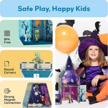 PicassoTiles 60pc Magnetic Tile Princess Castle Building Set with Double Sided Printed Tiles 2 Character Figures STEM Educational Toy Kit for Kids Pretend Play Montessori Learning Ages 3 to 8 PTQ04