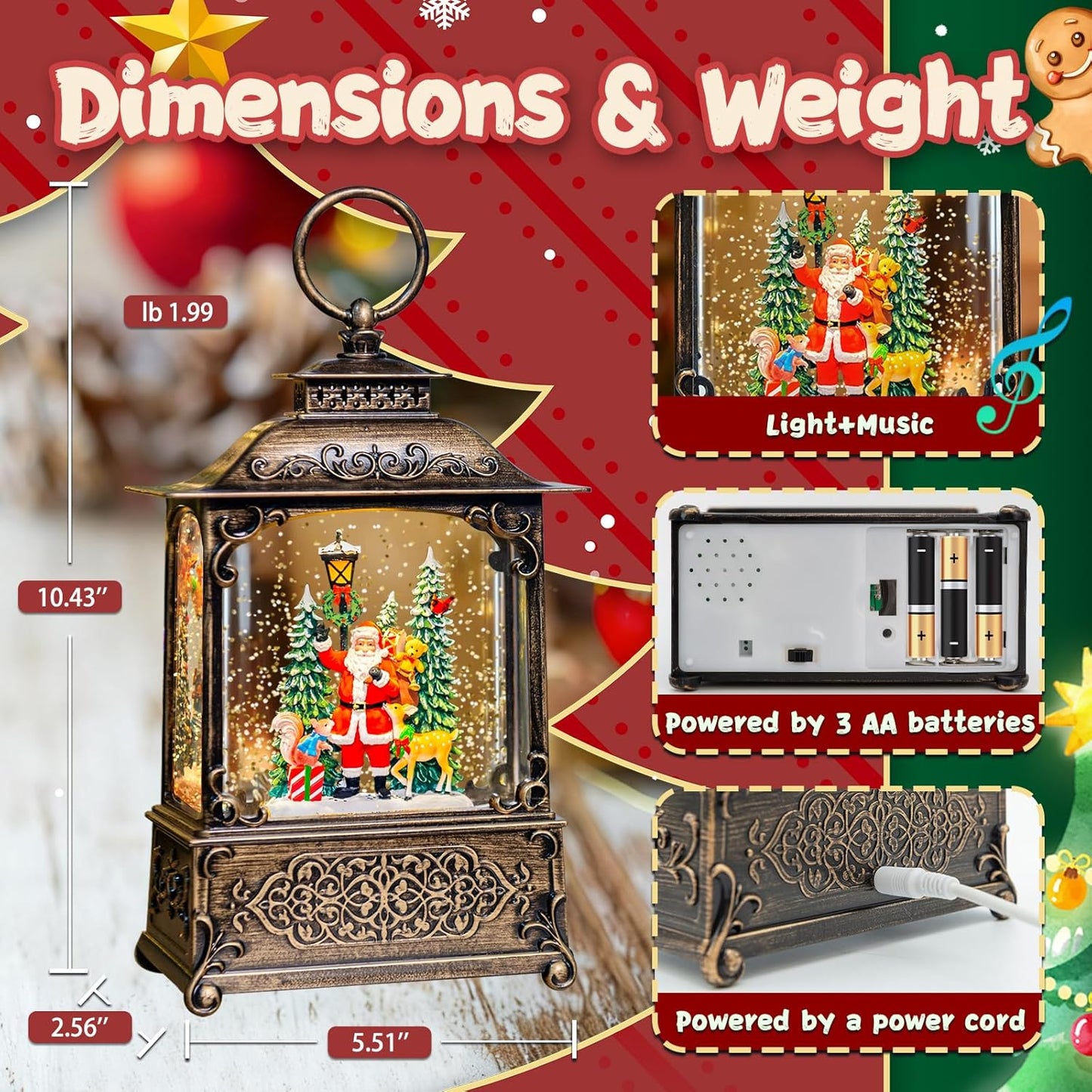 Christmas Snow Globes Lantern, Church and Christmas Tree Christmas Decorations Indoor, 6H Timer Battery & USB Powered Light Up Musical Snow Globes for Kids Women Adults Gift Thanksgiving Home Decor