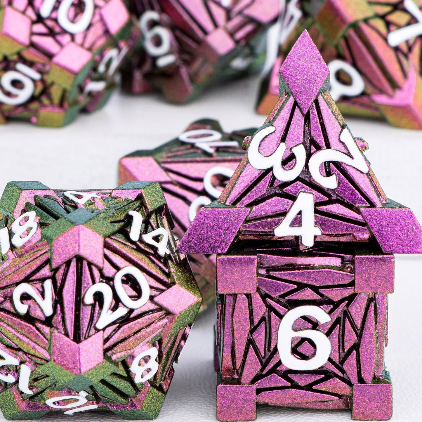 7PCS Metal DND Dice Set with Box, Debris RPG Blue White D and D Dice for D&D Tabletop Games Role Playing Game Polyhedral Dice Set D20 D12 D10 D8 D6 D4