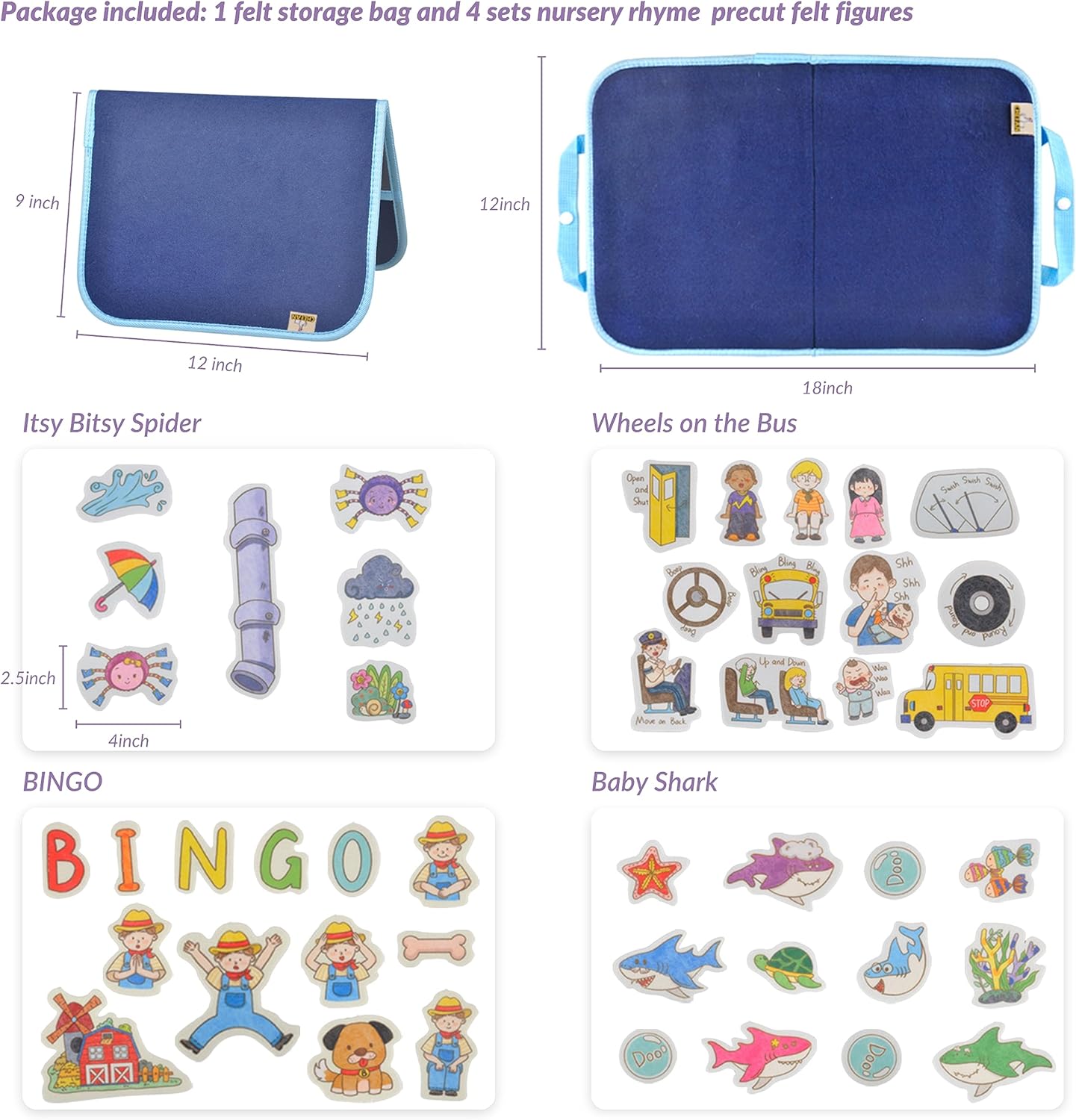 CHEFAN Felt/Flannel Board Story Set of 4, PRECUT Felt Pieces for Preschool Toddlers Circle Time,We are Going On A Bear Hunt, Mary Had A Little Lamb, Little Bo-Peep, Little Boy Blue