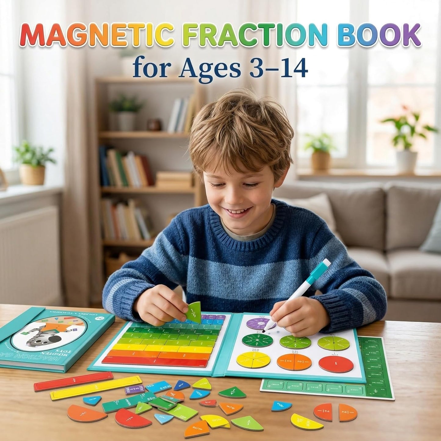 Magnetic Fraction Playbook: Magnetic Fraction Educational Puzzle Tiles & Circles, Fractions Magnets Demonstration Book Montessori Math Manipulatives for Kids Elementary School Game