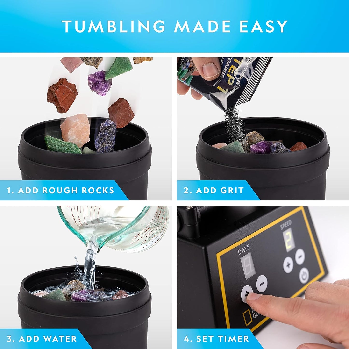 National Geographic Professional Rock Tumbler Kit – Extra Large 2 Lb. Barrel with 3-Speed Motor & 9-Day Timer – Geology DIY Kits for Adults, Rock Collection Hobby, Great Educational STEM Science Kit