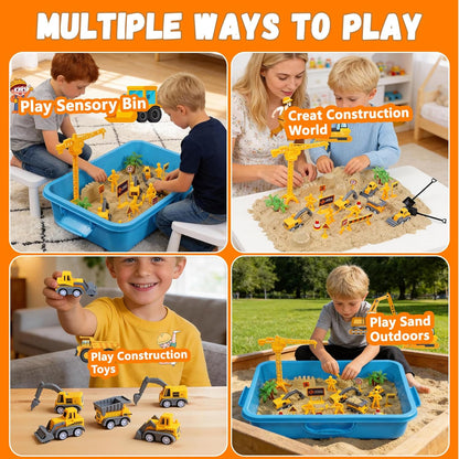 Construction Sensory Bin with Lid, 2.2lbs Magic Sand & 5 Construction Trucks, Sensory Sand Kit Construction Toys for 3 4 5 6 7 8+ Year Old Boys Toddlers Christmas Birthday Gift
