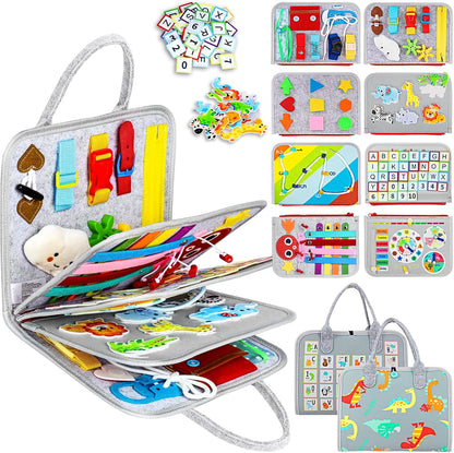 Esjay Toddler Busy Board Montessori Toys for Boys Girls, Sensory Book Educational Activities for Learning Fine Motor Skills, Birthday Gifts for Toddlers, Travel Toys for Airplane Car, White Dinosaur