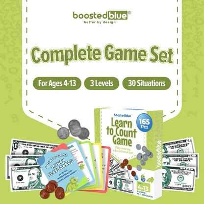 BOOSTEDBLUE Learn to Count Educational Play Money Game | 165 Piece Classroom Set | Ages 4+ | Paper Bills & Plastic Coins | Toy Money & Banking Play Set for Kids