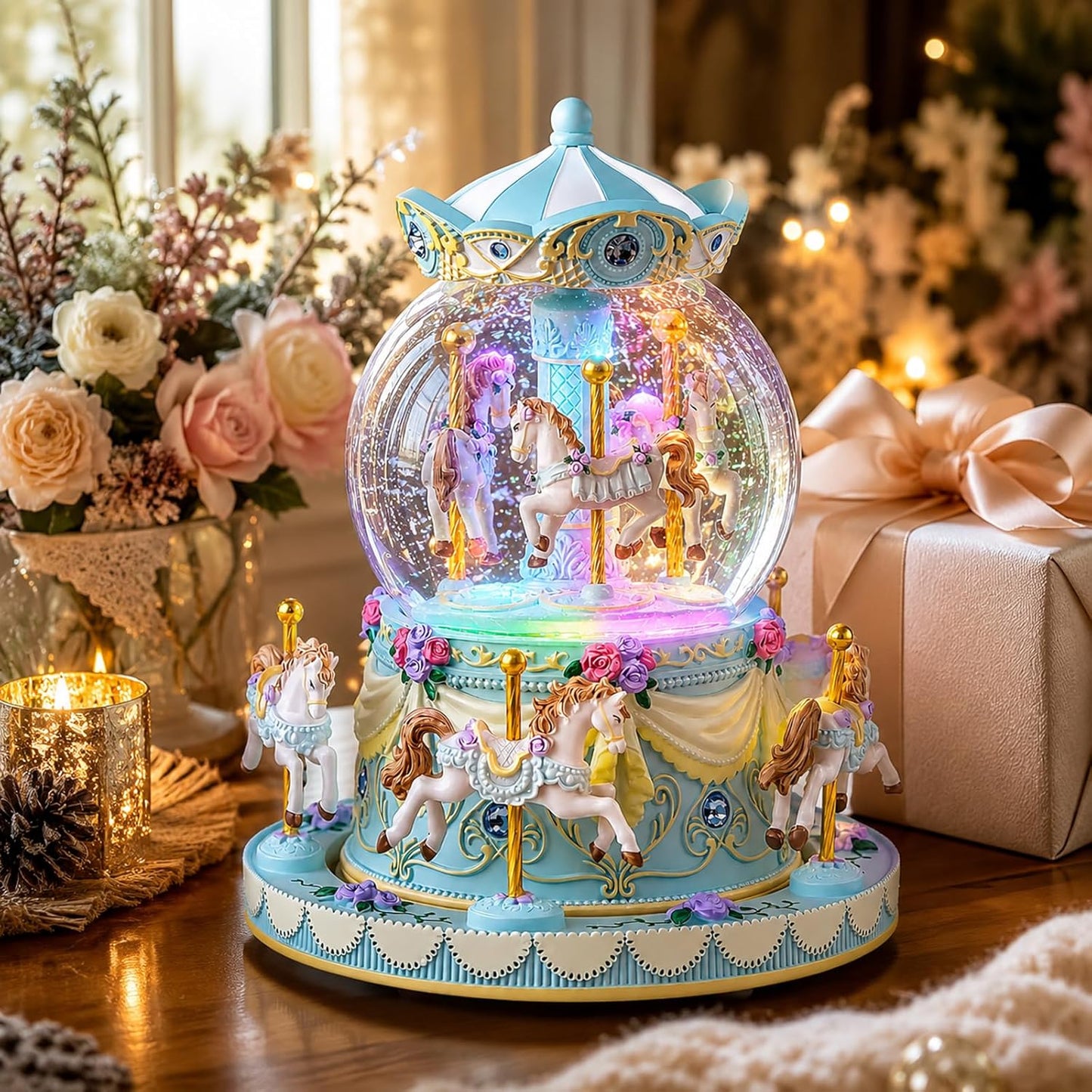 Blue Carousel Snow Globe Music Box with LED Lights, Rotating Horse Merry Go Round with Glitter Snowfall, Wind Up Musical Snow Globe Plays Over the Rainbow, Gift for Daughter Granddaughter Women