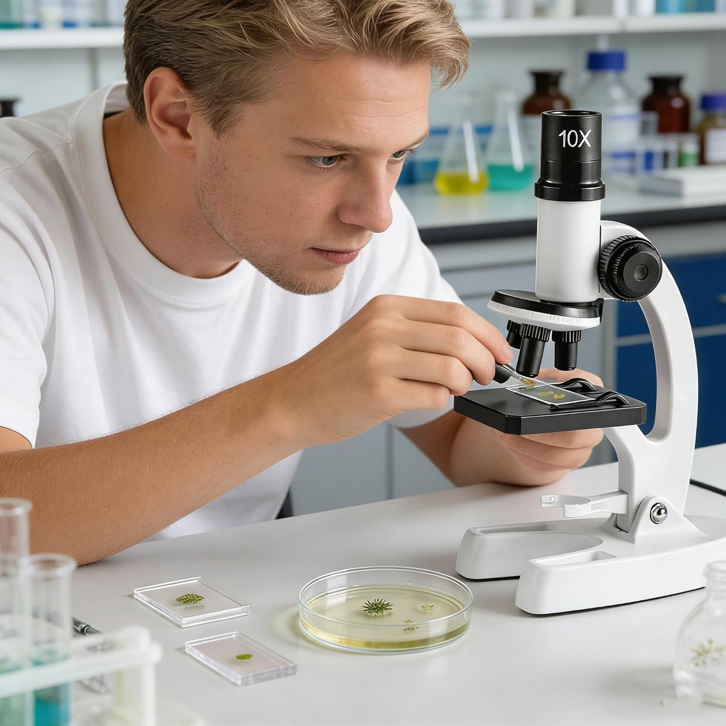 Science Microscope Kits - 80X-1200X Zoom with LED Light, White Beginner Microscope Set with Slides and Phone Holder, Science Educational Tool for Nature Study & Birthday Gift