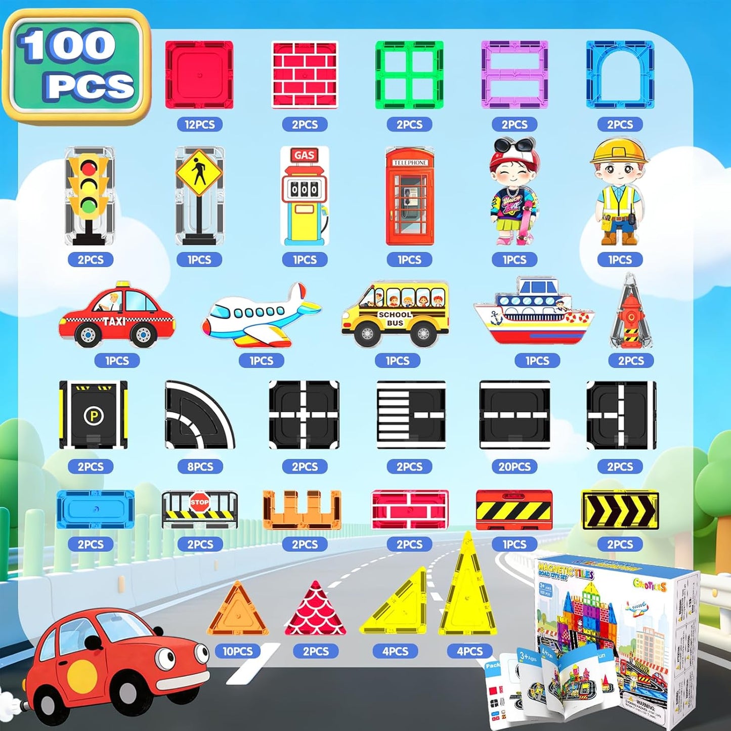 Goodtiles Magnetic Tiles Road Expansion Set, STEM Magnetic Building Blocks for Kids Ages 3-5 4-8 5-7, Preschool Learning Sensory Kids Toys for Toddler Birthday